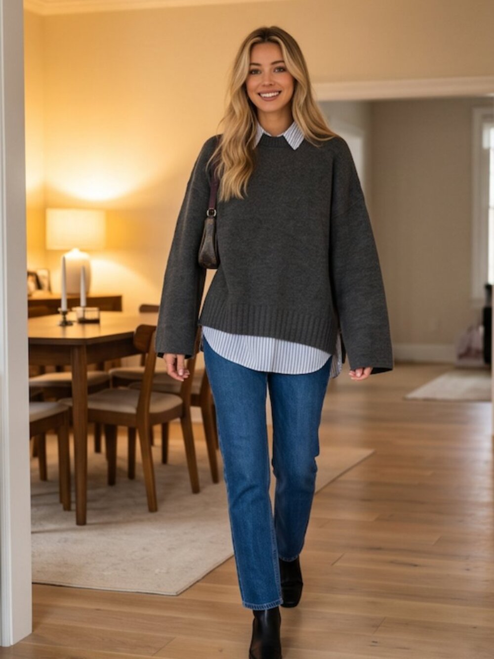 Oversized Charcoal Wool-Blend Boxy Sweater, Unribbed Wide Sleeve & Split Hem